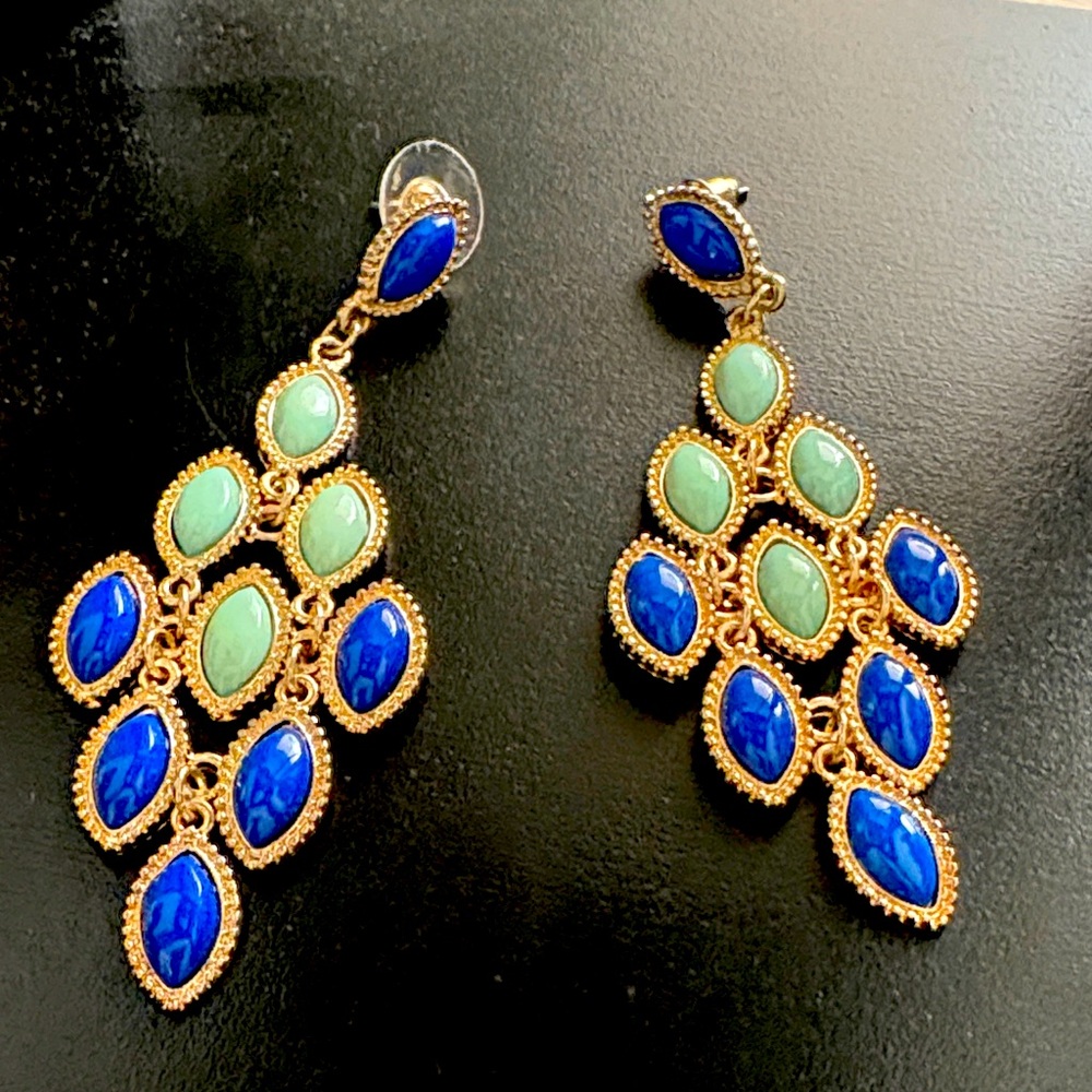Two tone, blue and gold tone chandelier earrings